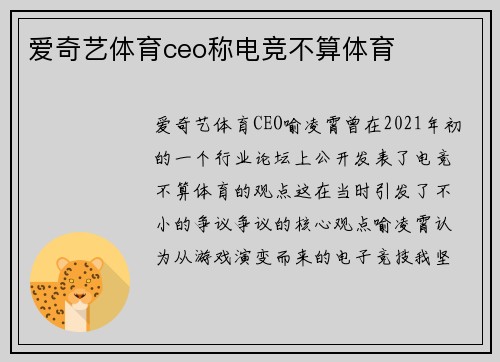 爱奇艺体育ceo称电竞不算体育